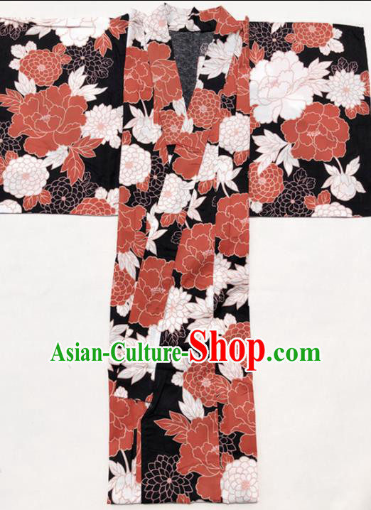 Traditional Japanese Classical Printing Red Peony Kimono Asian Japan Costume Geisha Yukata Dress for Women