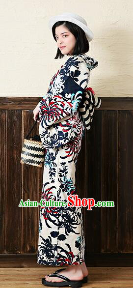 Traditional Japanese Classical Printing Chrysanthemum Kimono Asian Japan Costume Geisha Yukata Dress for Women