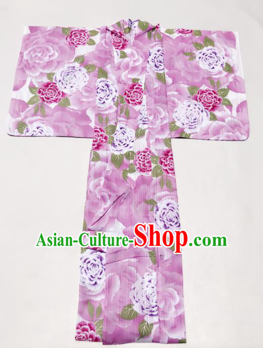 Traditional Japanese Classical Printing Peony Pink Formal Kimono Asian Japan Costume Geisha Yukata Dress for Women