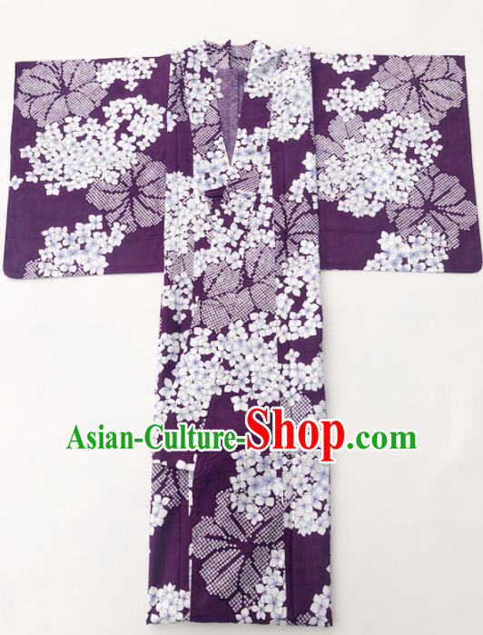 Traditional Japanese Classical Printing Hydrangea Purple Kimono Asian Japan Costume Geisha Yukata Dress for Women