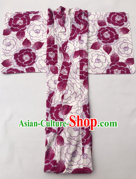 Traditional Japanese Classical Printing Wine Red Peony Kimono Asian Japan Costume Geisha Yukata Dress for Women