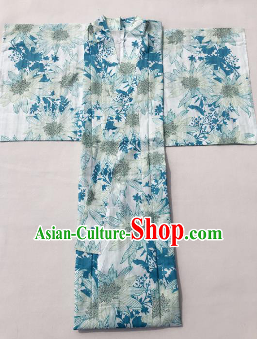 Traditional Japanese Classical Printing Dahlia Blue Kimono Asian Japan Costume Geisha Yukata Dress for Women