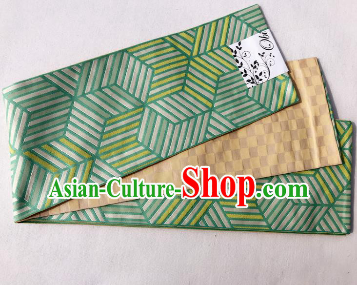 Japanese Traditional Double Side Linellae Pattern Green Yukata Waistband Asian Japan Handmade Kimono Belts for Women