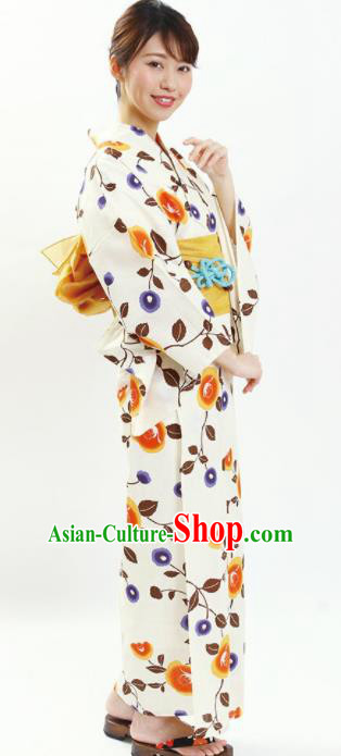 Traditional Japanese Classical Printing Frangipani Kimono Asian Japan Costume Geisha Yukata Dress for Women
