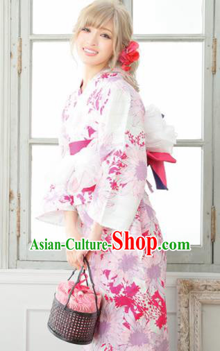 Traditional Japanese Classical Printing Dahlia Light Purple Kimono Asian Japan Costume Geisha Yukata Dress for Women