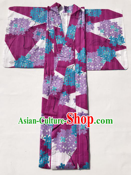 Traditional Japanese Classical Printing Hydrangea Wine Red Kimono Asian Japan Costume Geisha Yukata Dress for Women