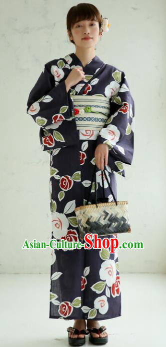 Japanese Classical Printing Roses Black Kimono Asian Japan Traditional Costume Geisha Yukata Dress for Women