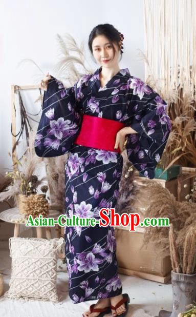 Japanese Traditional Classical Printing Purple Flowers Kimono Asian Japan Costume Geisha Yukata Dress for Women