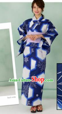 Japanese Classical Printing Snowflake Blue Kimono Asian Japan Traditional Costume Geisha Yukata Dress for Women