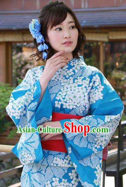 Japanese Classical Printing Hydrangea Blue Kimono Asian Japan Traditional Costume Geisha Yukata Dress for Women
