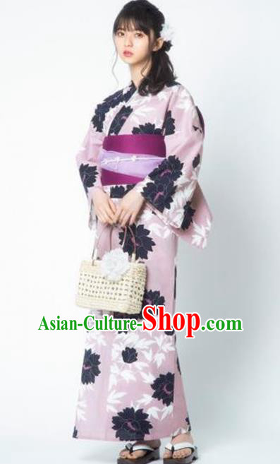 Traditional Japanese Classical Printing Pink Kimono Asian Japan Costume Geisha Yukata Dress for Women