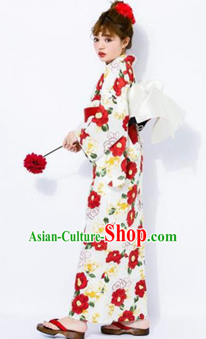Traditional Japanese Classical Printing Red Camellia Kimono Asian Japan Costume Geisha Yukata Dress for Women