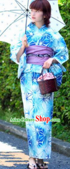 Japanese Traditional Classical Printing Blue Kimono Asian Japan Costume Geisha Yukata Dress for Women