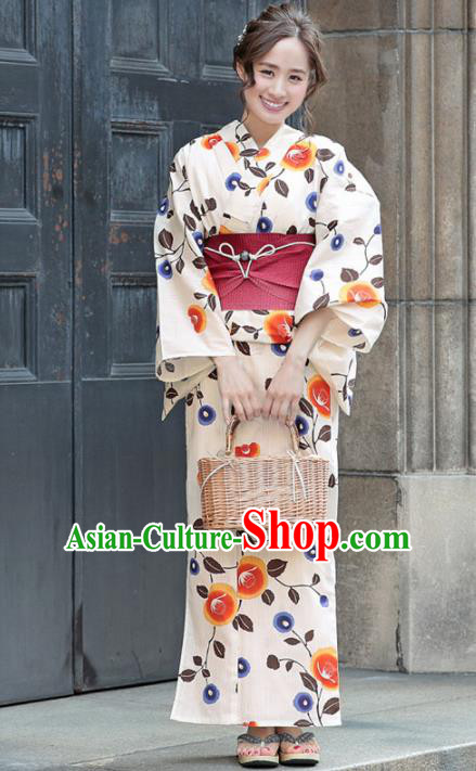 Traditional Japanese Classical Printing Camellia White Kimono Asian Japan Costume Geisha Yukata Dress for Women