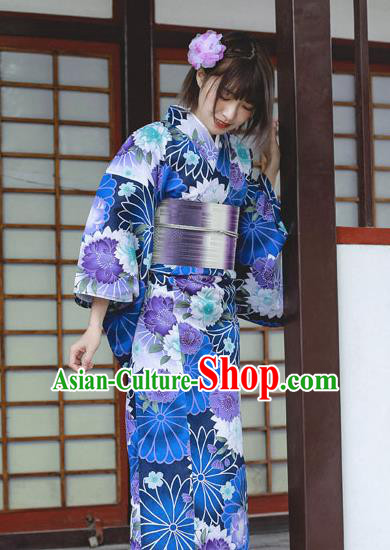 Japanese Classical Printing Flowers Blue Kimono Asian Traditional Japan Costume Geisha Yukata Dress Complete Set for Women