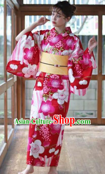 Japanese Traditional Printing Sakura Rosy Kimono Asian Japan Costume Geisha Yukata Dress for Women