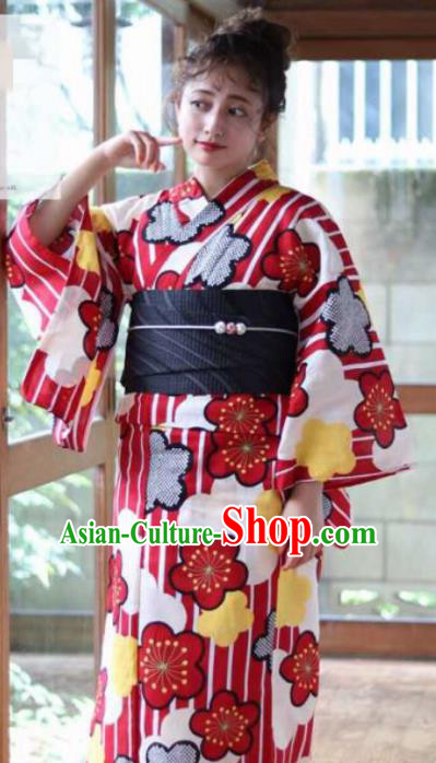 Japanese Traditional Printing Red Sakura Kimono Asian Japan Costume Geisha Yukata Dress for Women