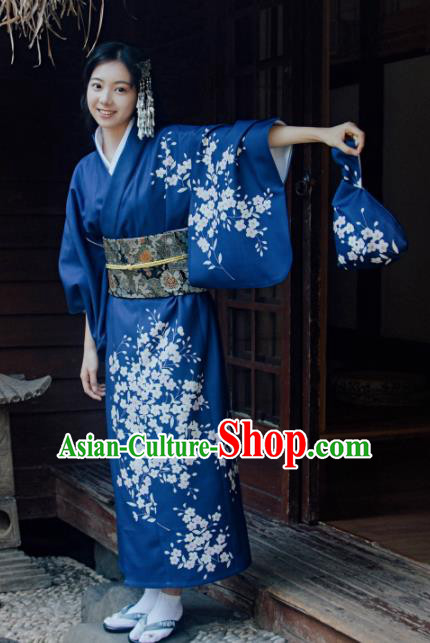 Traditional Japanese Classical Printing Sakura Royalblue Kimono Asian Japan Costume Geisha Yukata Dress for Women