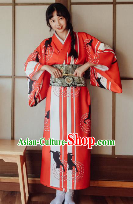 Traditional Japanese Classical Printing Red Kimono Asian Japan Costume Geisha Yukata Dress for Women