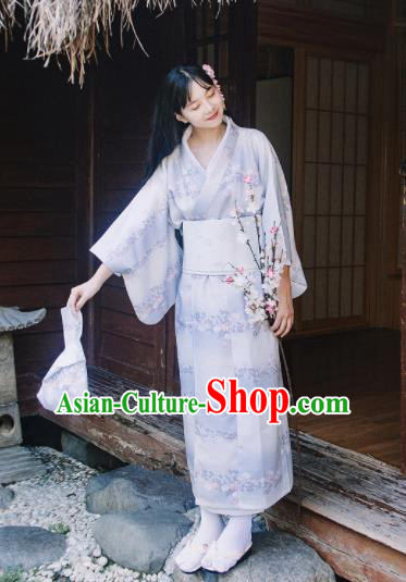 Traditional Japanese Classical Printing Light Purple Kimono Asian Japan Costume Geisha Yukata Dress for Women