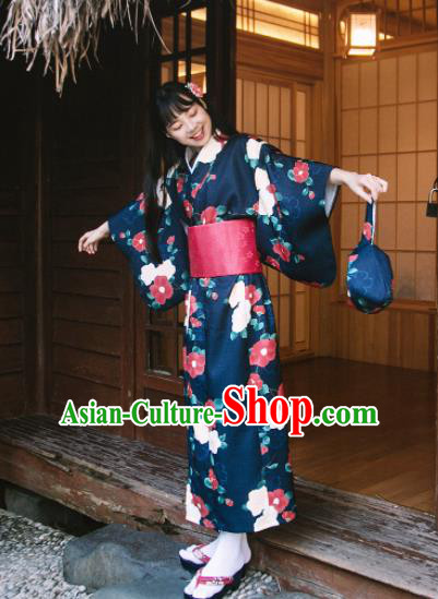 Traditional Japanese Classical Printing Camellia Navy Kimono Asian Japan Costume Geisha Yukata Dress for Women