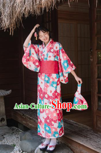 Traditional Japanese Classical Printing Camellia Rosy Kimono Asian Japan Costume Geisha Yukata Dress for Women