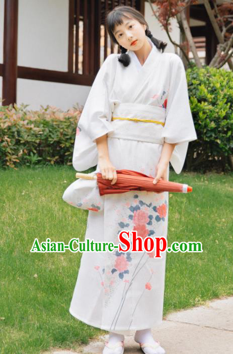 Traditional Japanese Classical Printing Peony White Kimono Asian Japan Costume Geisha Yukata Dress for Women