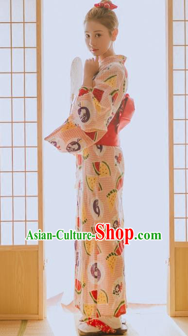 Traditional Japanese Classical Printing Watermelon Pink Kimono Asian Japan Costume Geisha Yukata Dress for Women