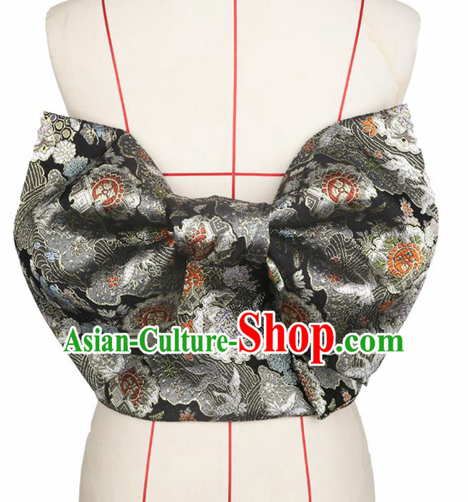 Japanese Traditional Black Brocade Bowknot Yukata Waistband Asian Japan Handmade Kimono Belts for Women