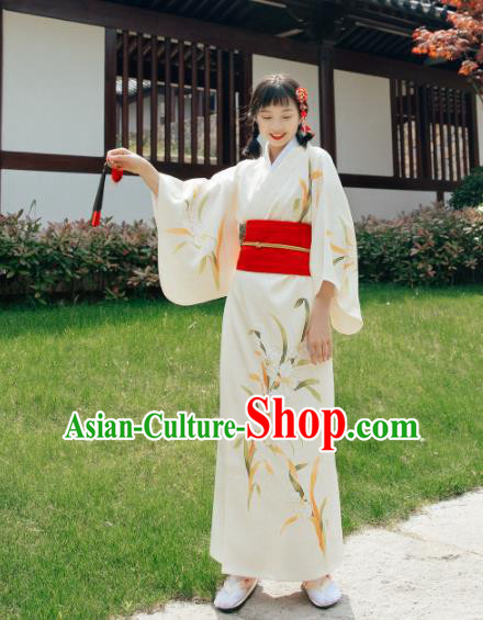 Traditional Japanese Classical Printing Orchid White Kimono Asian Japan Costume Geisha Yukata Dress for Women