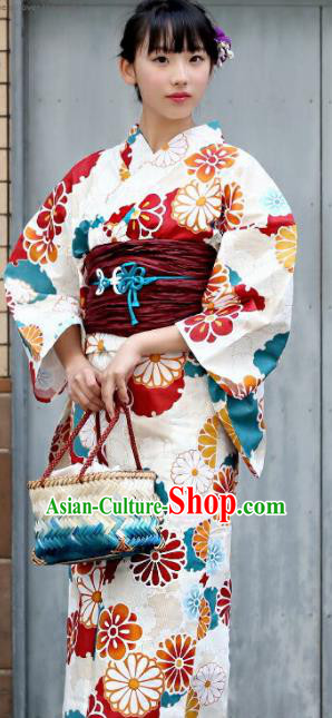 Japanese Classical Printing Daisy Kimono Asian Japan Traditional Costume Geisha Yukata Dress for Women