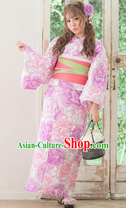 Japanese Classical Printing Peony Pink Kimono Asian Japan Traditional Costume Geisha Yukata Dress for Women