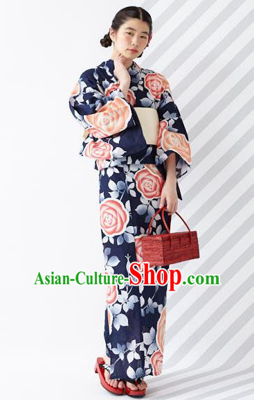 Japanese Classical Printing Roses Navy Kimono Asian Japan Traditional Costume Geisha Yukata Dress for Women