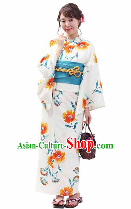 Japanese Classical Printing Yellow Flowers Kimono Asian Japan Traditional Costume Geisha Yukata Dress for Women