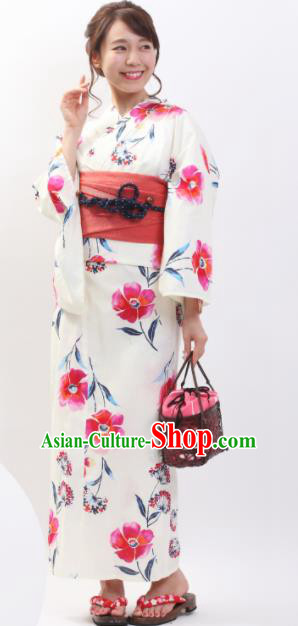 Japanese Classical Printing Pink Flowers Kimono Asian Japan Traditional Costume Geisha Yukata Dress for Women