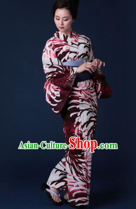 Japanese Classical Printing Chrysanthemum Kimono Asian Japan Traditional Costume Geisha Yukata Dress for Women