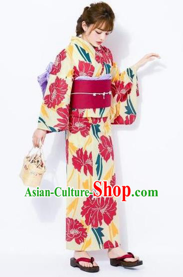 Japanese Classical Printing Yellow Kimono Asian Japan Traditional Costume Geisha Yukata Dress for Women