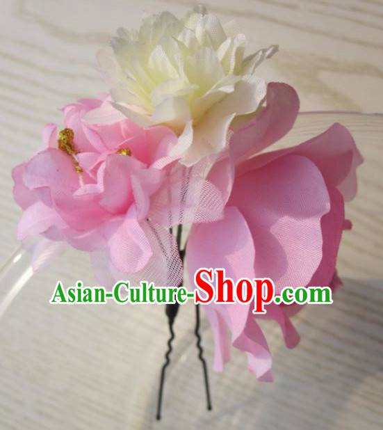 Japanese Traditional Geisha Kimono Hair Accessories Japan Yukata Pink Flowers Hairpins for Women