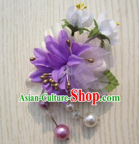 Japanese Traditional Geisha Kimono Hair Accessories Japan Yukata Purple Flower Tassel Hair Claw for Women