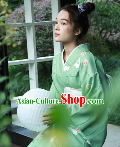 Japanese Classical Printing Rabbits Green Kimono Asian Japan Traditional Costume Geisha Yukata Dress for Women