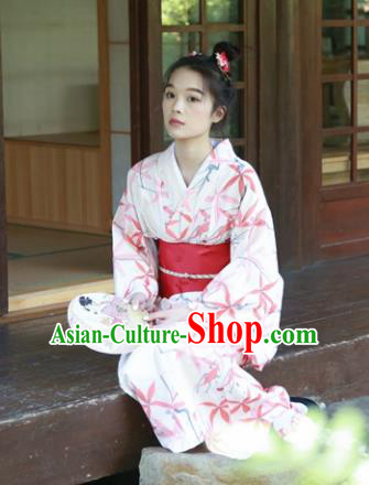 Japanese Classical Printing Red Maple Leaf Kimono Asian Japan Traditional Costume Geisha Yukata Dress for Women