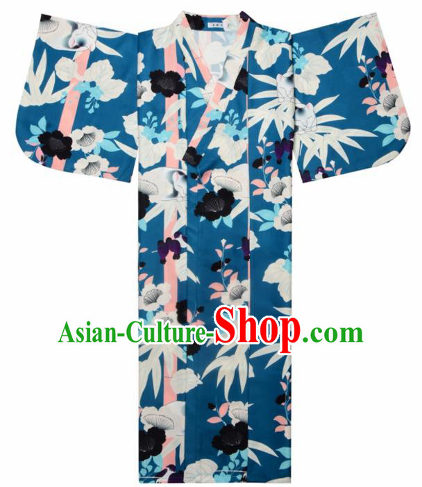 Japanese Classical Printing Bamboo Leaf Blue Kimono Asian Japan Traditional Costume Geisha Yukata Dress for Women