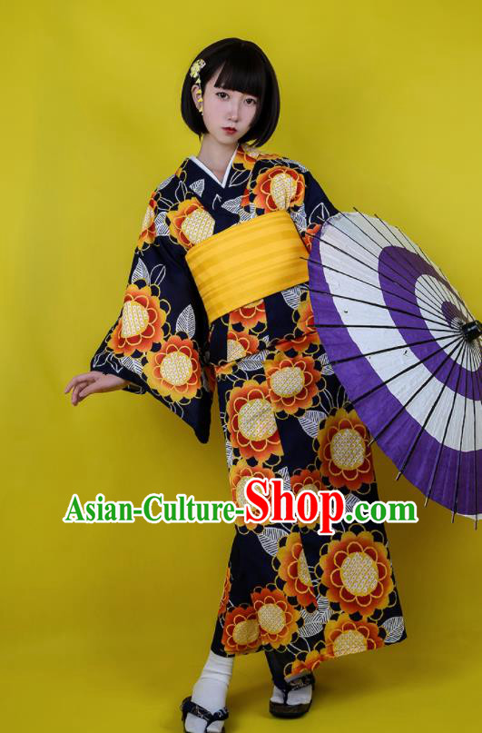 Japanese Classical Printing Sunflowers Black Kimono Asian Japan Traditional Costume Geisha Yukata Dress for Women