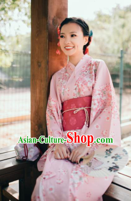 Japanese Classical Printing Sakura Pink Kimono Asian Japan Traditional Costume Geisha Yukata Dress for Women