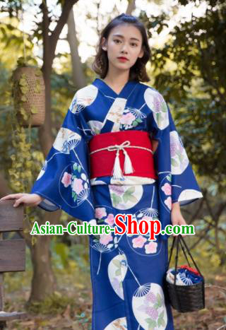 Japanese Classical Printing Fans Blue Kimono Asian Japan Traditional Costume Geisha Yukata Dress for Women