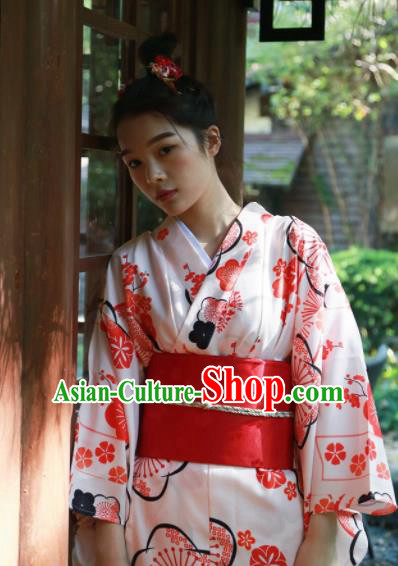 Japanese Classical Printing White Kimono Asian Japan Traditional Costume Geisha Yukata Dress for Women