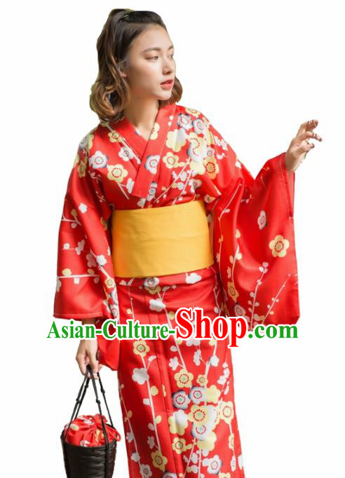 Japanese Classical Printing Plum Blossom Red Kimono Asian Japan Traditional Costume Geisha Yukata Dress for Women