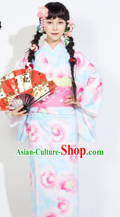 Japanese Classical Printing Light Blue Yukata Dress Asian Japan Traditional Costume Geisha Furisode Kimono for Women