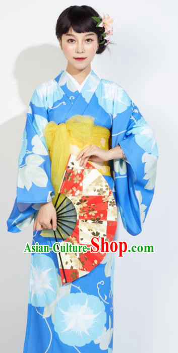 Japanese Classical Printing Morning Glory Blue Yukata Dress Asian Japan Traditional Costume Geisha Furisode Kimono for Women