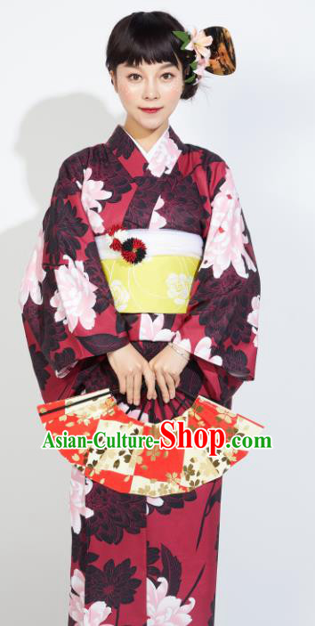 Japanese Classical Printing Peony Dark Red Yukata Dress Asian Japan Traditional Costume Geisha Furisode Kimono for Women